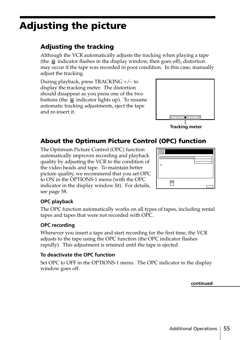 Adjusting the picture, Adjusting the tracking, About the optimum picture control (opc) function | Sony SLV-SE20UX User Manual | Page 55 / 72