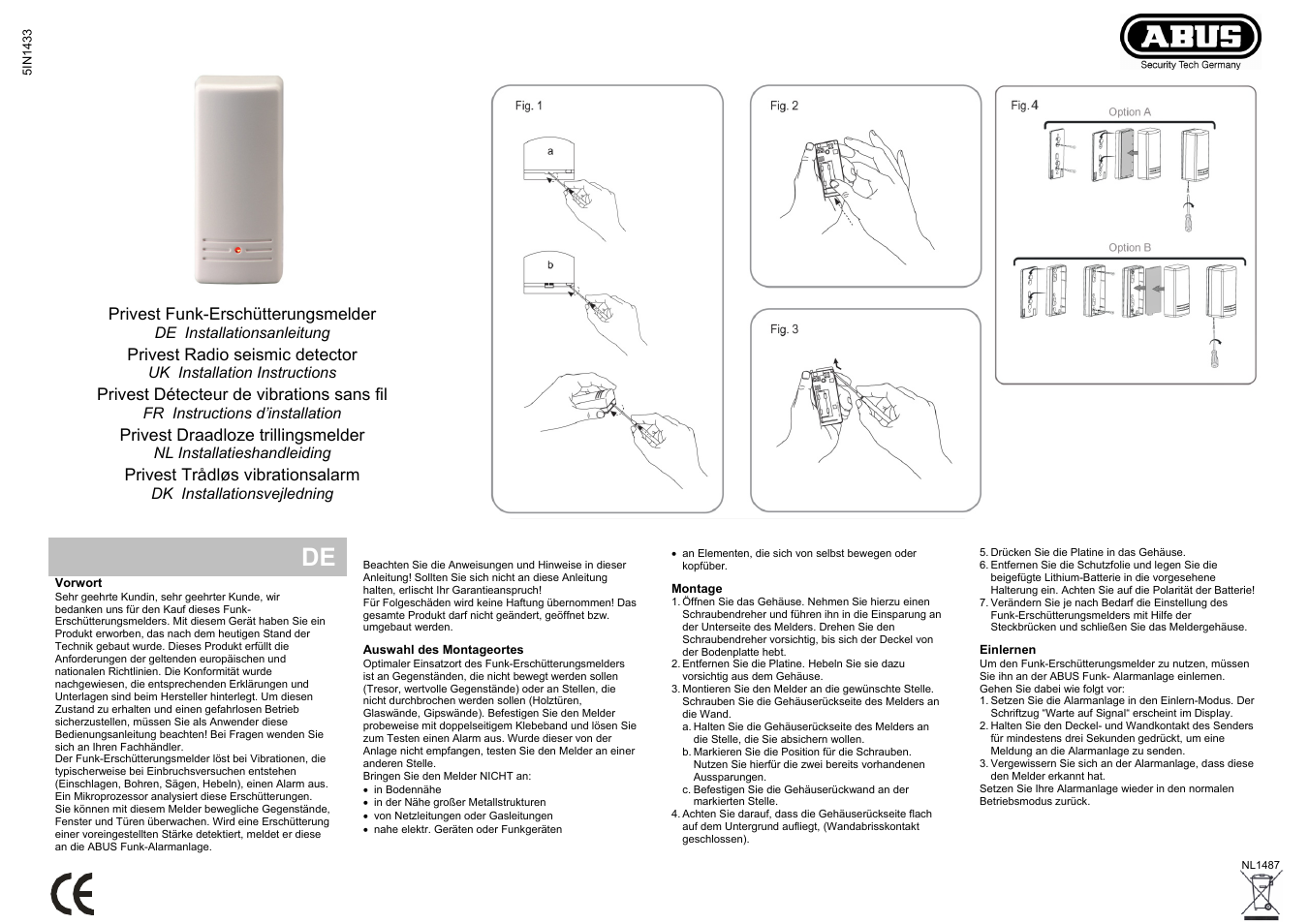 ABUS FU9050 Privest Wireless Vibration Detector User Manual | 4 pages