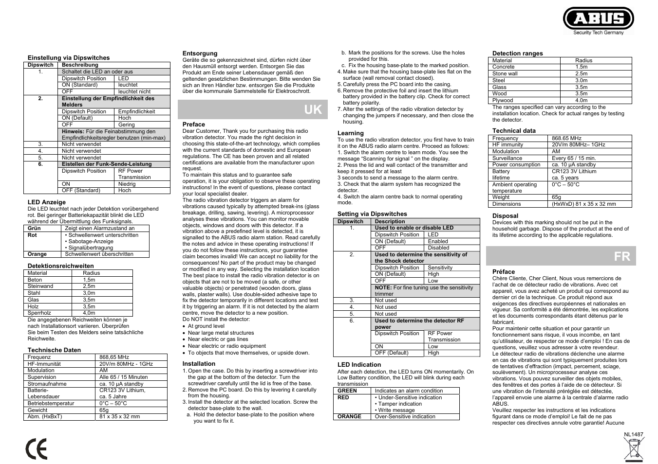 Uk fr | ABUS FU9050 Privest Wireless Vibration Detector User Manual | Page 2 / 4