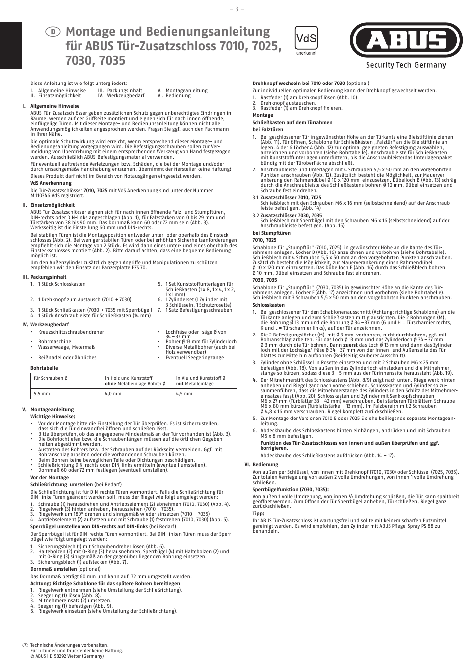 ABUS Rim Lock 7010, 7025, 7030, 7035 User Manual | Page 3 / 7