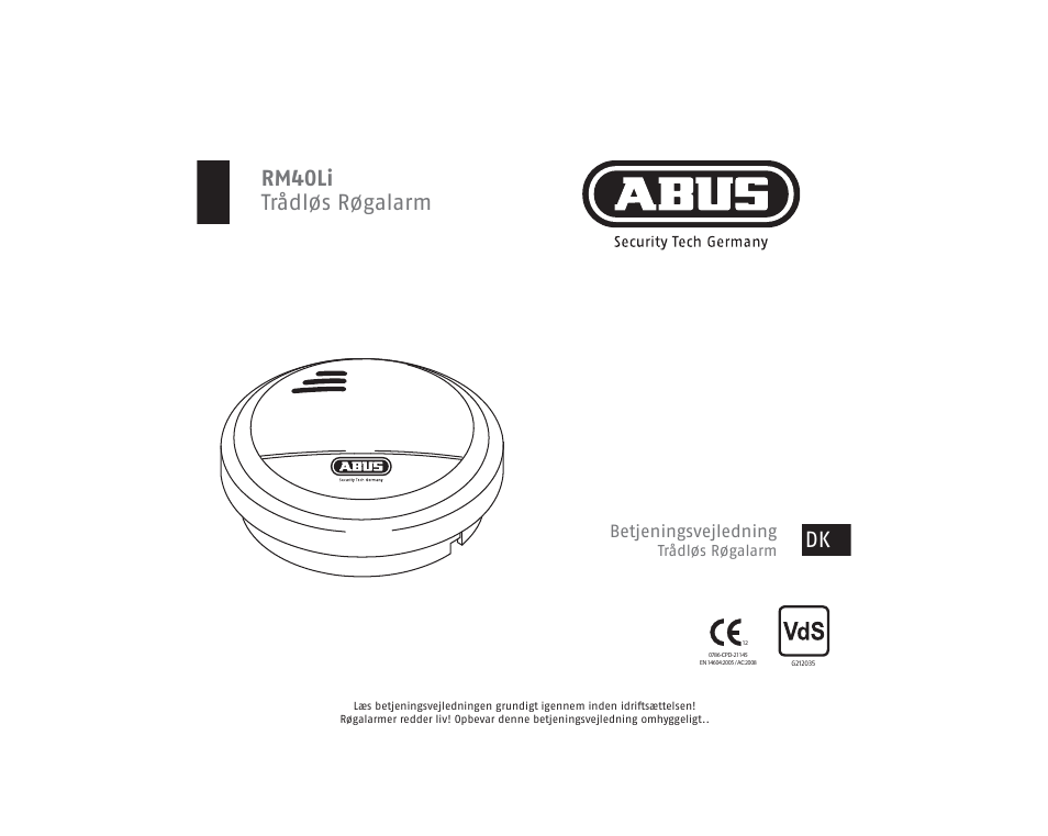 Rm40li trådlҝs rҝgalarm, Betjeningsvejledning | ABUS RM40Li VdS Smoke Detector User Manual | Page 101 / 120