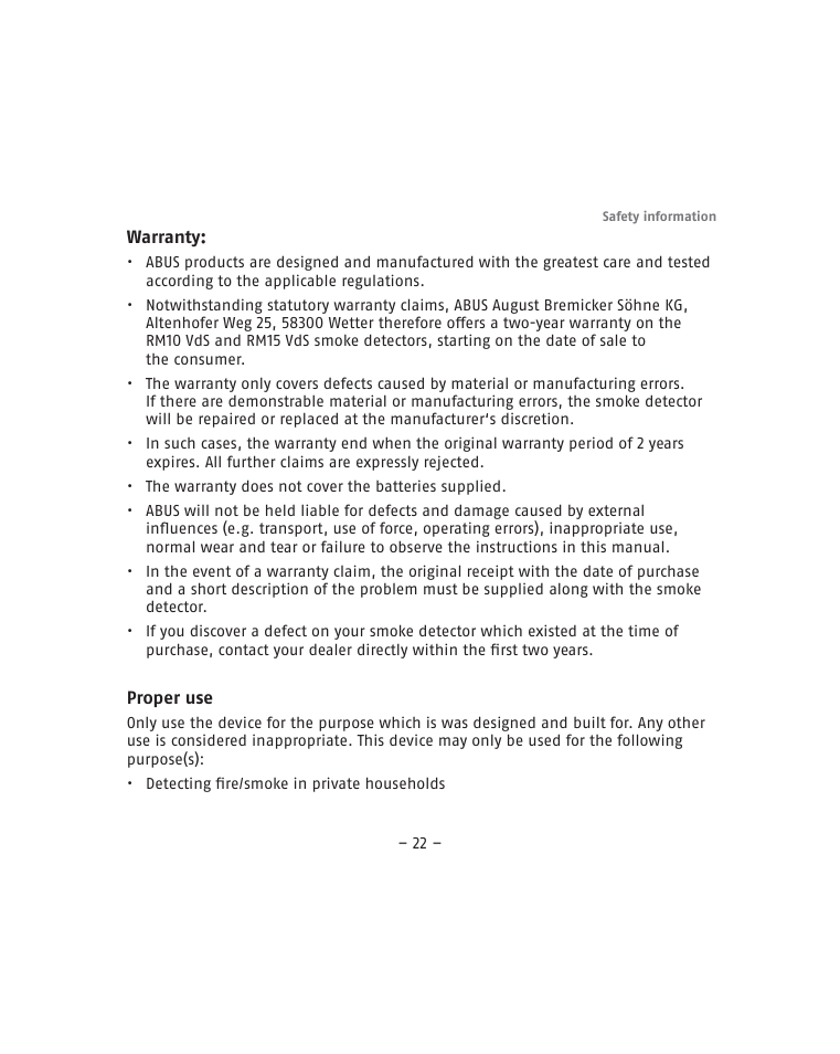 ABUS RM15 VdS Smoke Sensor User Manual | Page 22 / 80