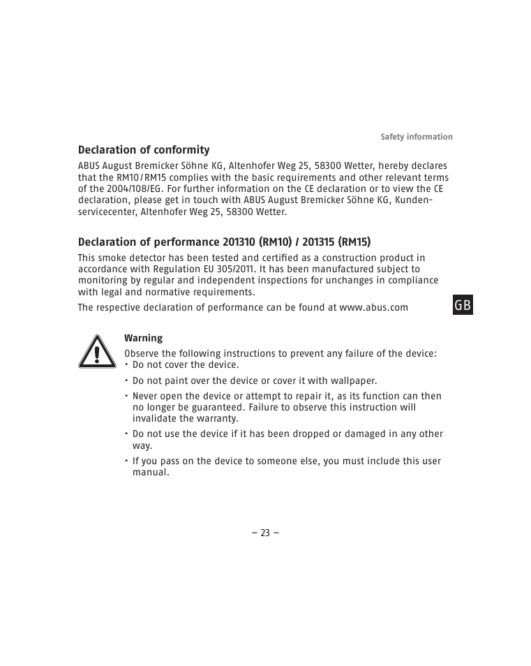ABUS RM15 VdS Smoke Sensor User Manual | Page 23 / 80