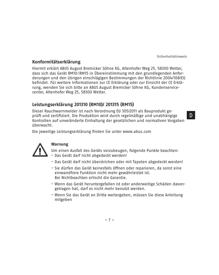 ABUS RM15 VdS Smoke Sensor User Manual | Page 7 / 80