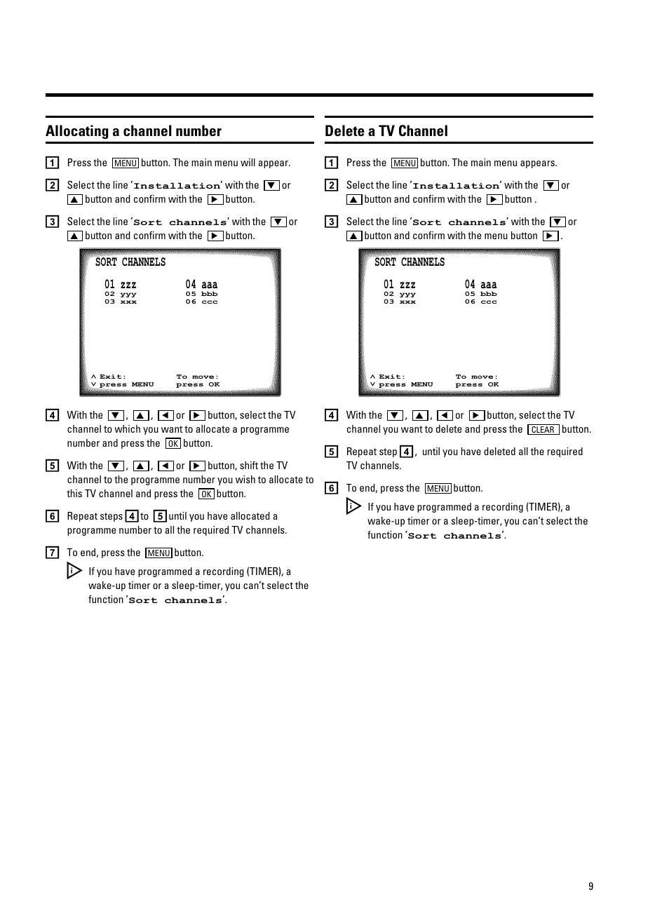 Allocating a channel number, Delete a tv channel | Philips 21PV715 User Manual | Page 11 / 31