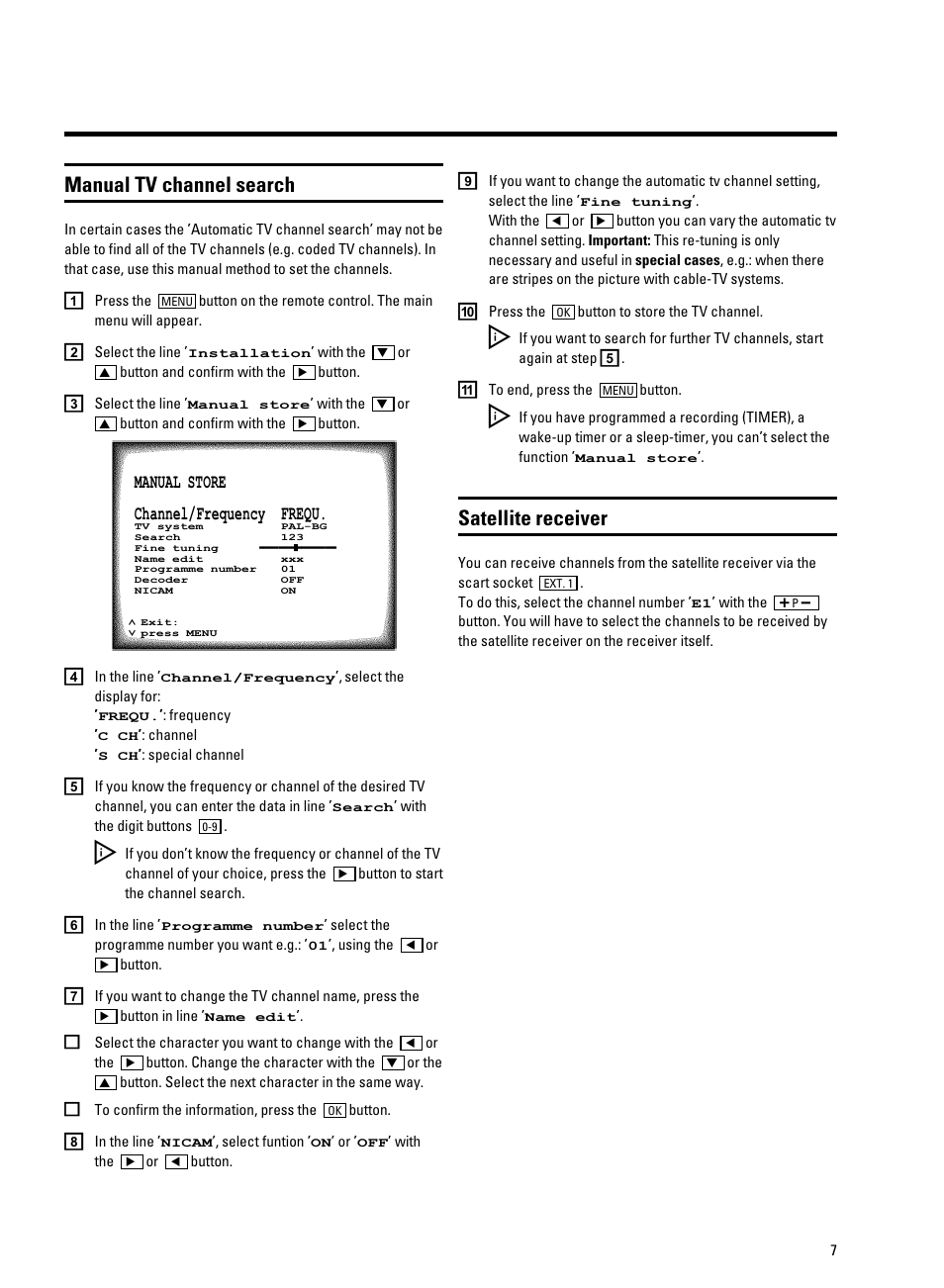 Manual tv channel search, Satellite receiver | Philips 21PV715 User Manual | Page 9 / 31