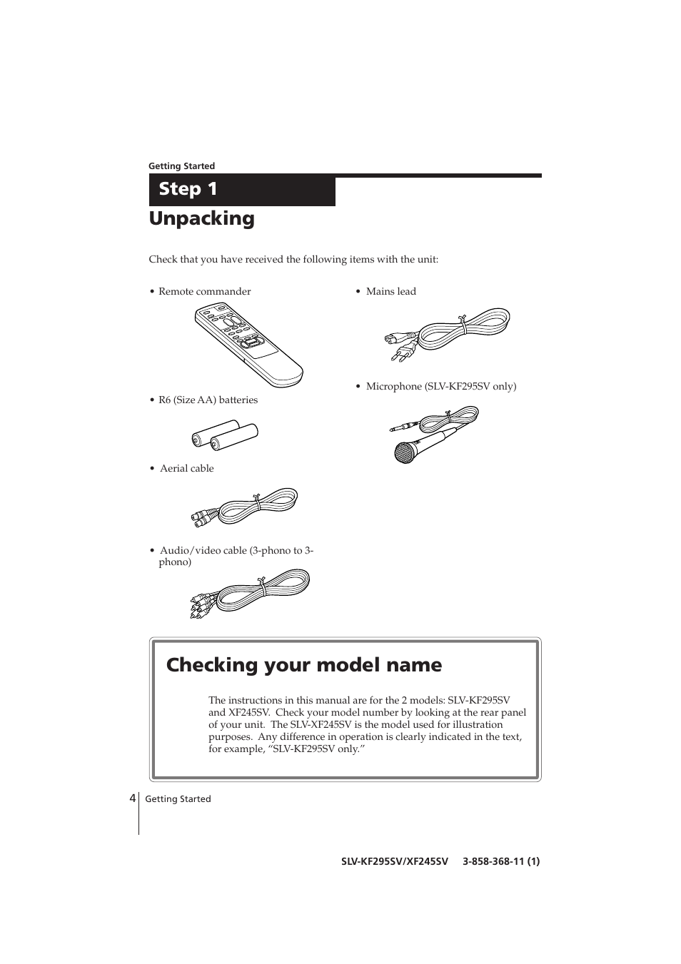 Unpacking, Checking your model name, Step 1 | Sony SLV-KF295SV User Manual | Page 4 / 28