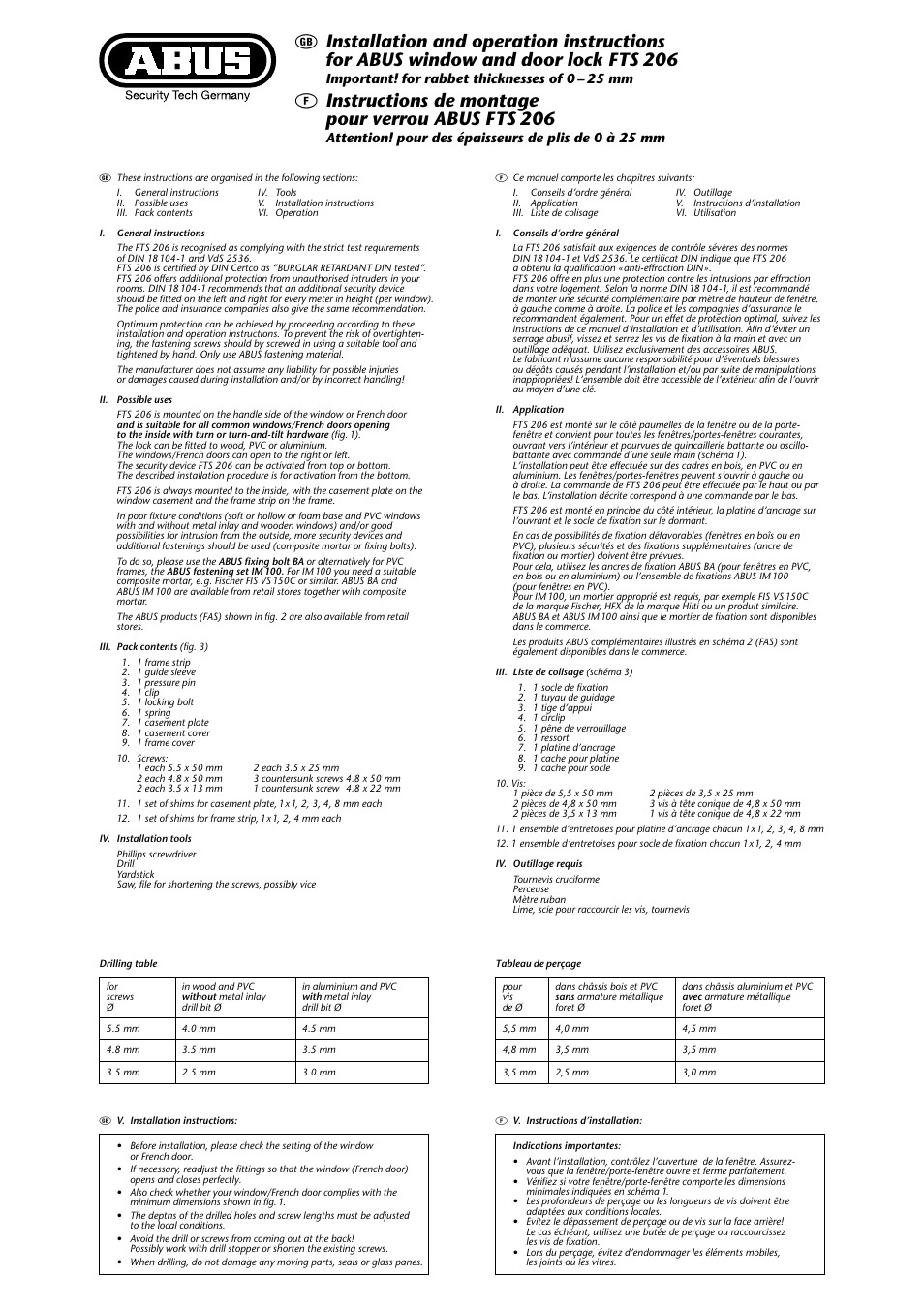 Finstructions de montage pour verrou abus fts 206, Important! for rabbet thicknesses of 0 – 25 mm | ABUS FTS 206 W AL0089 User Manual | Page 2 / 7