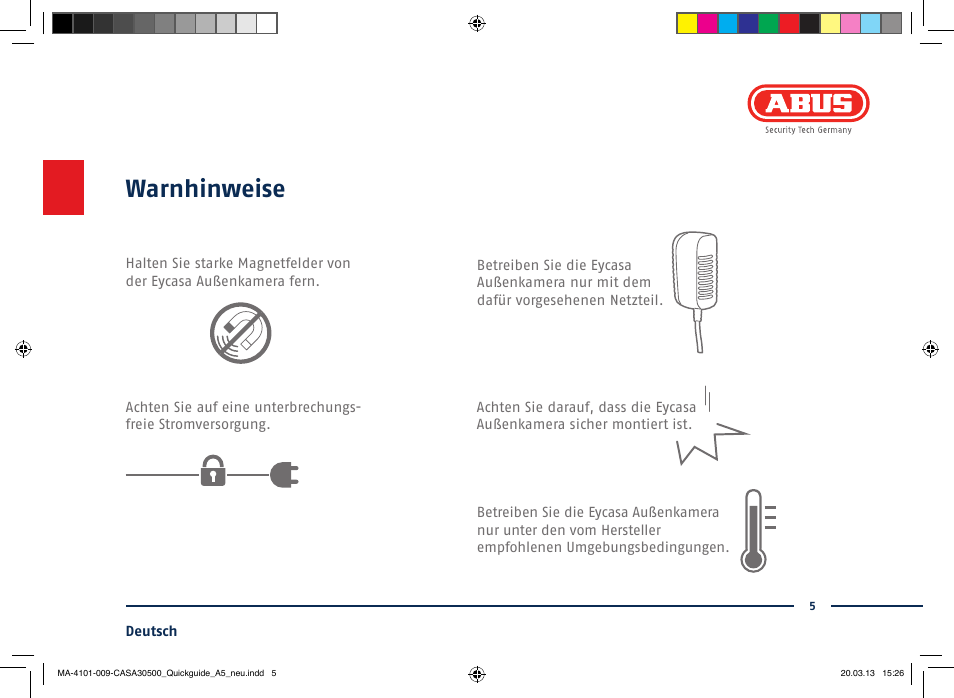 Warnhinweise | ABUS CASA30500 Quick installation instructions User Manual | Page 5 / 44