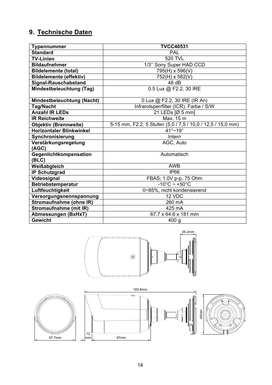 Technische daten | ABUS TVCC40531 User Manual | Page 14 / 75