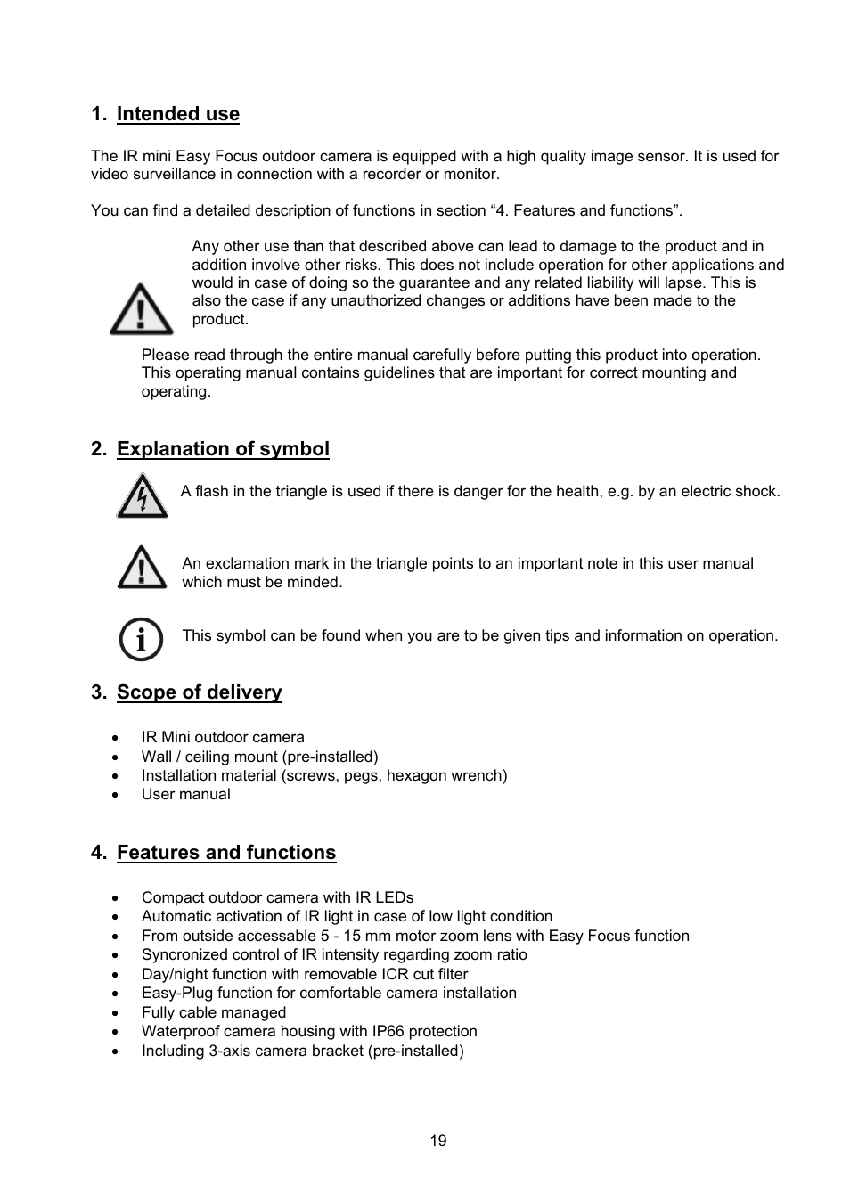 Intended use, Explanation of symbol, Scope of delivery | Features and functions | ABUS TVCC40531 User Manual | Page 19 / 75