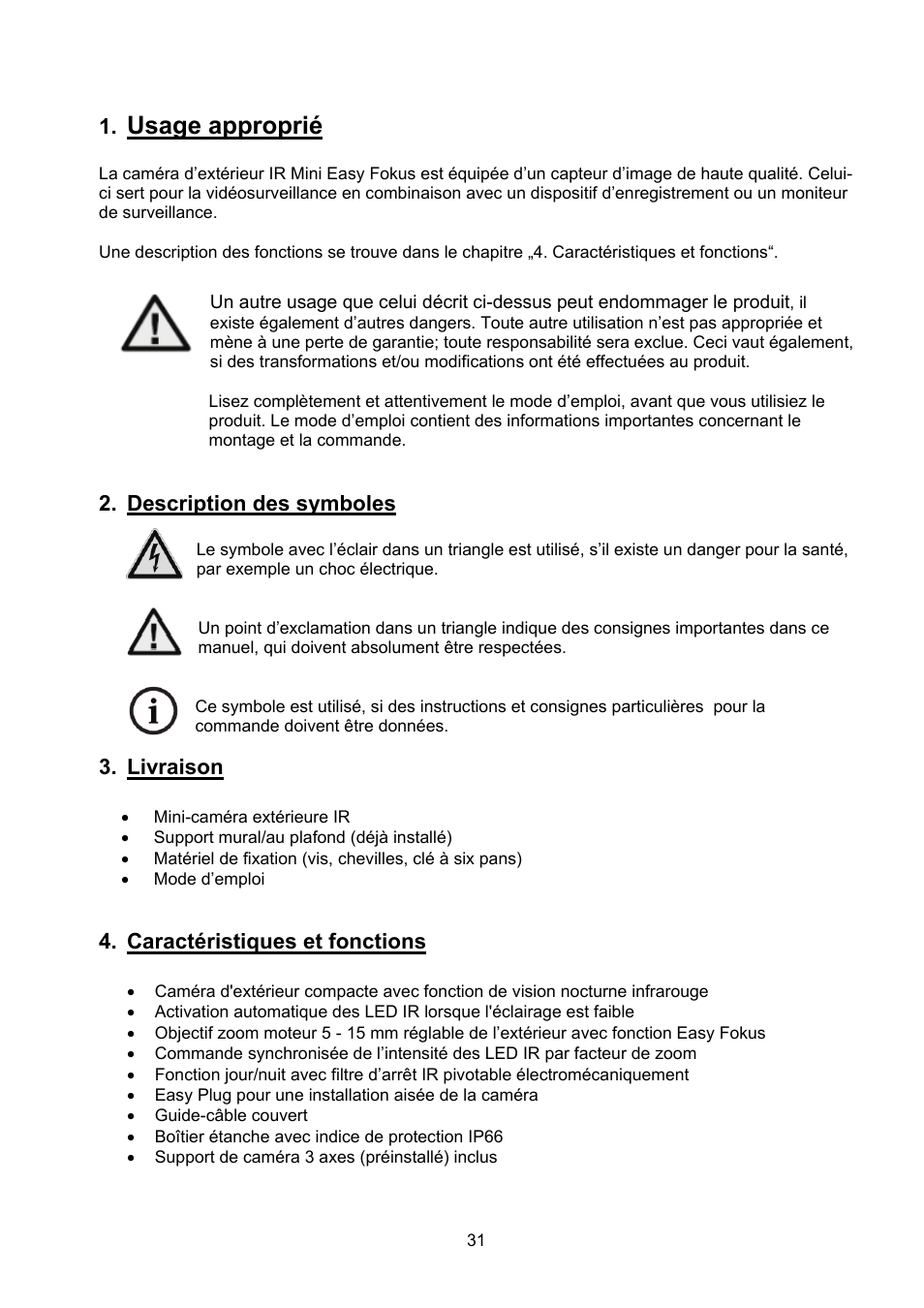 Usage approprié, Description des symboles, Livraison | Caractéristiques et fonctions | ABUS TVCC40531 User Manual | Page 31 / 75