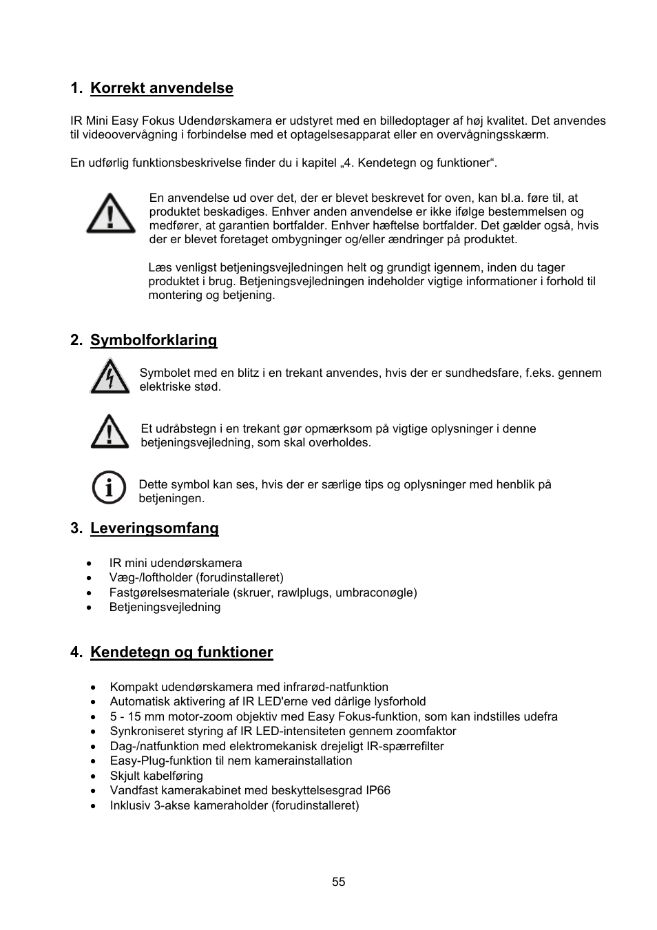 Korrekt anvendelse, Symbolforklaring, Leveringsomfang | Kendetegn og funktioner | ABUS TVCC40531 User Manual | Page 55 / 75