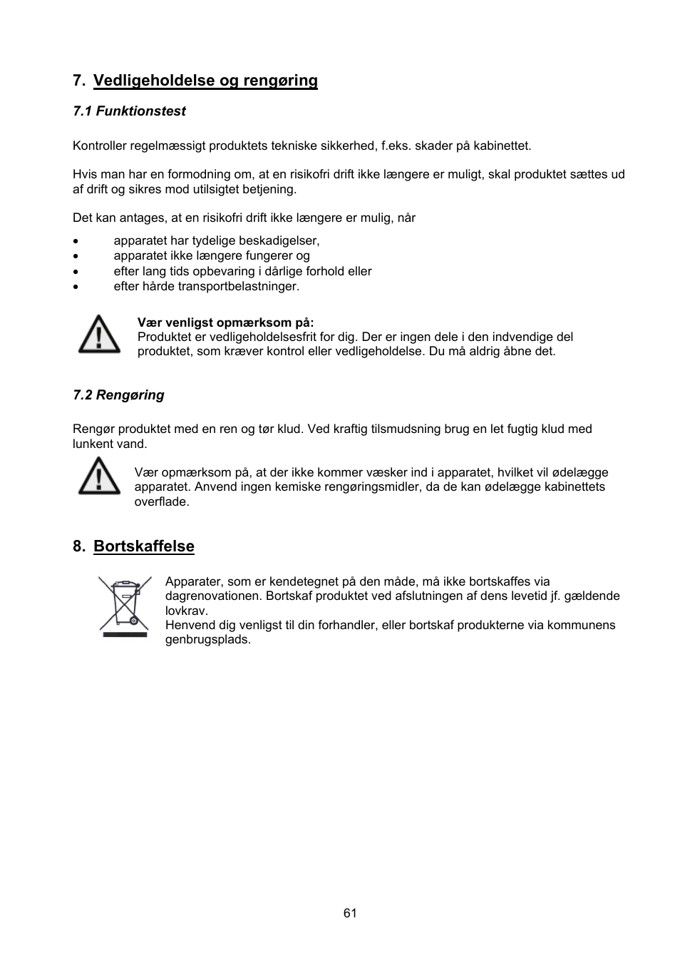 Vedligeholdelse og rengøring, Bortskaffelse | ABUS TVCC40531 User Manual | Page 61 / 75