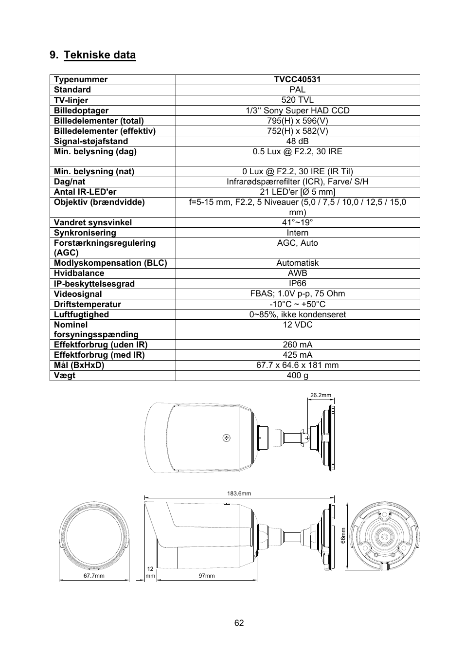 Tekniske data | ABUS TVCC40531 User Manual | Page 62 / 75