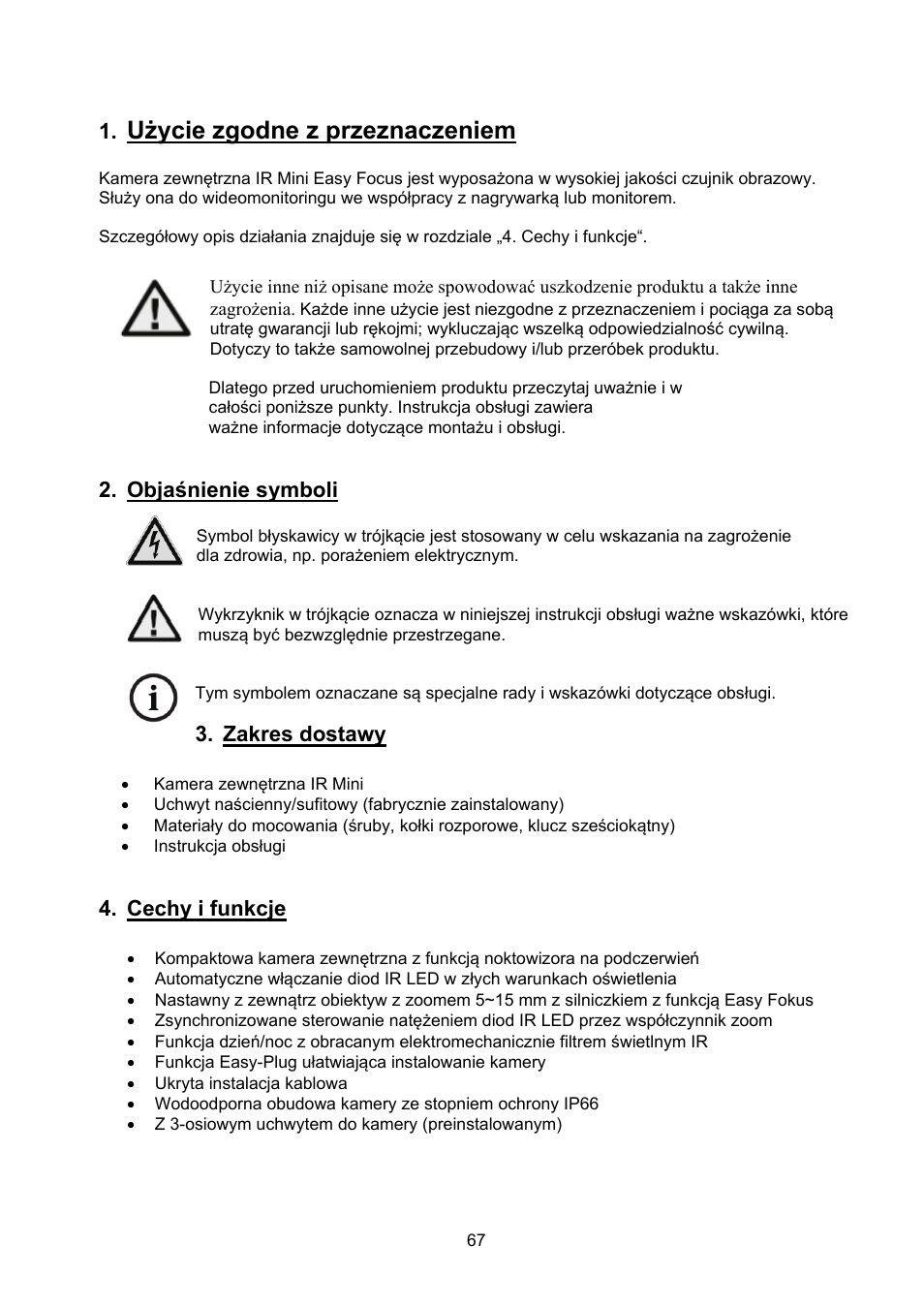 Użycie zgodne z przeznaczeniem, Objaśnienie symboli, Zakres dostawy | Cechy i funkcje | ABUS TVCC40531 User Manual | Page 67 / 75