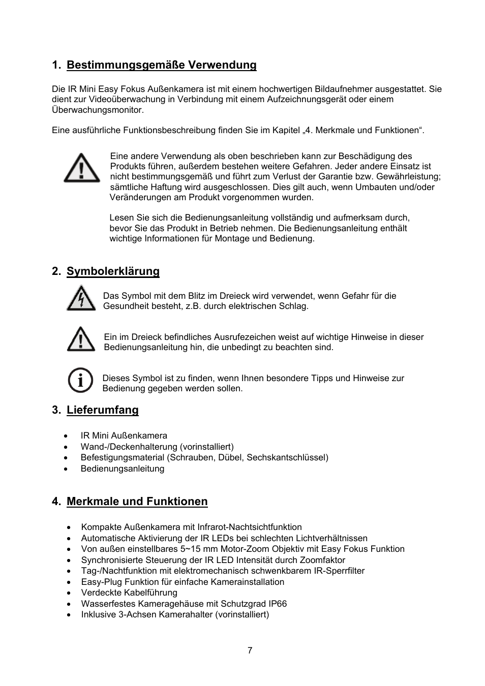 Bestimmungsgemäße verwendung, Symbolerklärung, Lieferumfang | Merkmale und funktionen | ABUS TVCC40531 User Manual | Page 7 / 75