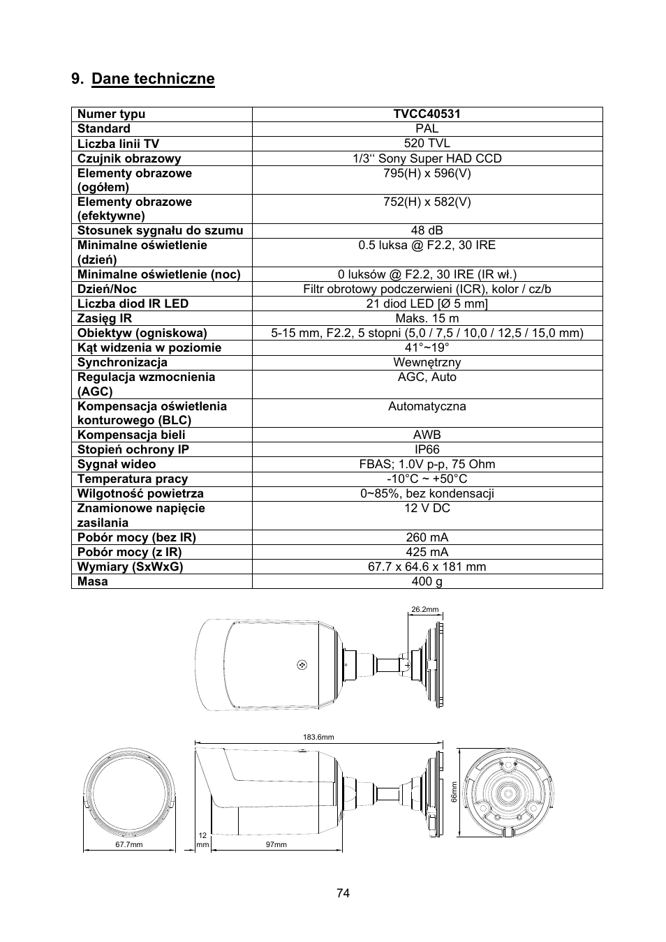 Dane techniczne | ABUS TVCC40531 User Manual | Page 74 / 75