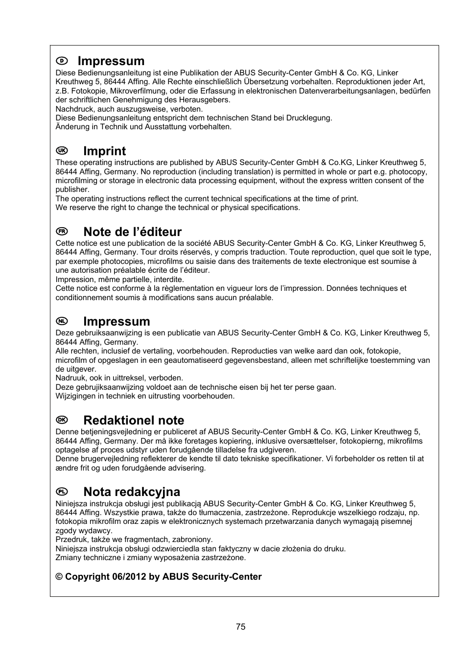 D impressum, Uk imprint, Nl impressum | Pl nota redakcyjna | ABUS TVCC40531 User Manual | Page 75 / 75