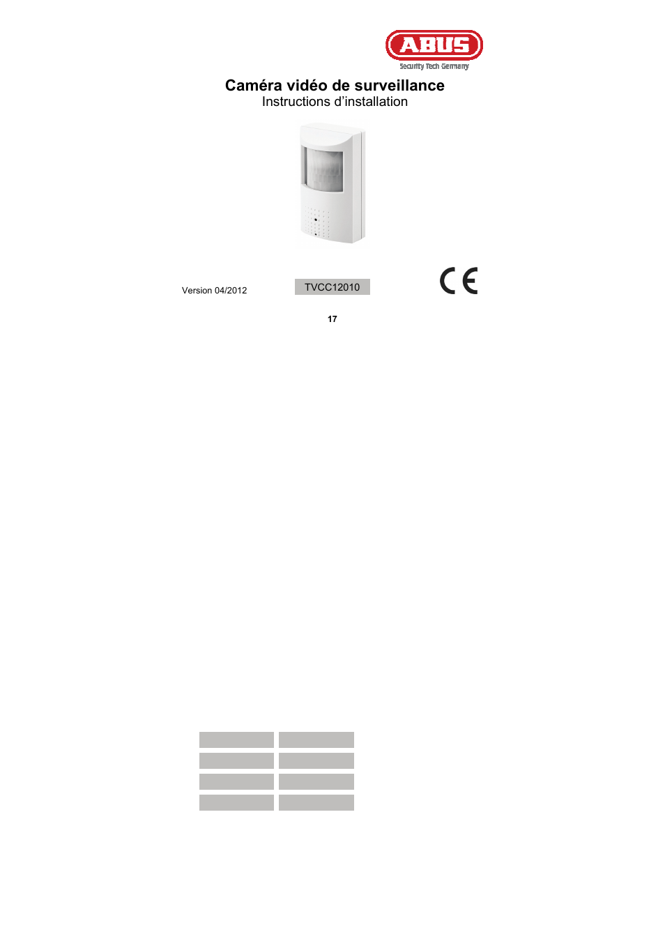 Caméra vidéo de surveillance, Instructions d’installation | ABUS TVCC12010 User Manual | Page 17 / 48