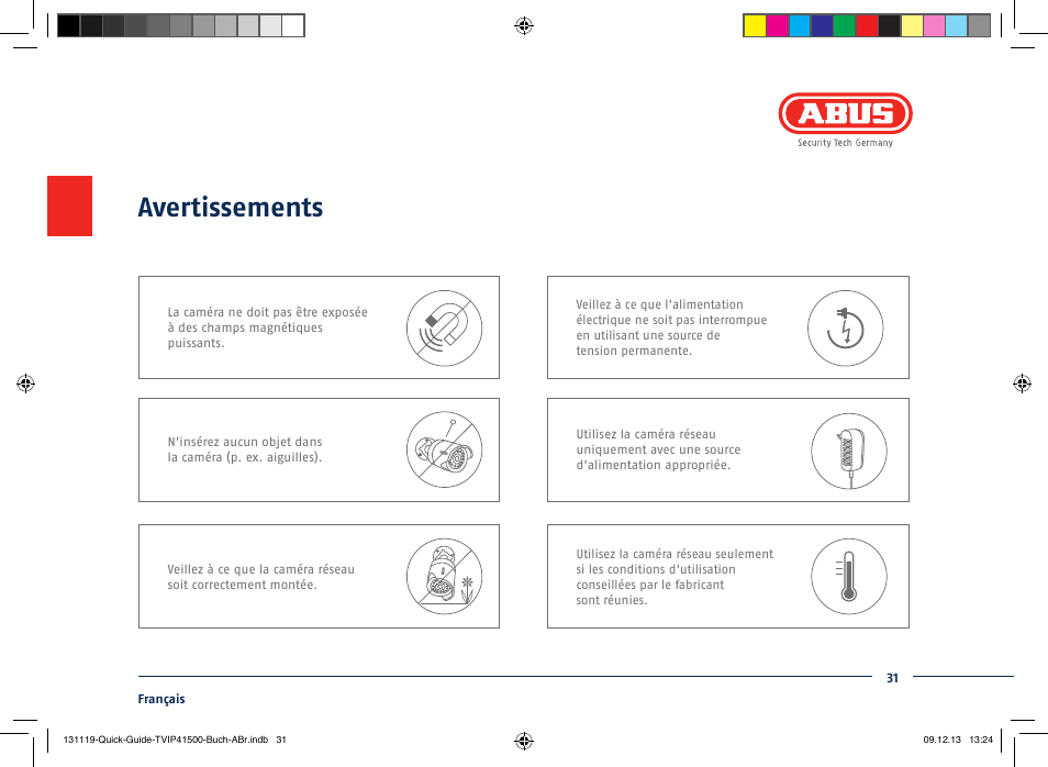 Avertissements | ABUS TVIP41500 Quick operating instructions User Manual | Page 31 / 124