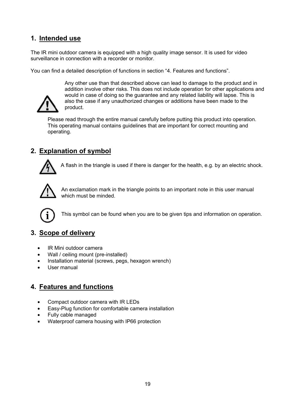 Intended use, Explanation of symbol, Scope of delivery | Features and functions | ABUS TVCC40000–TVCC40030 User Manual | Page 19 / 62