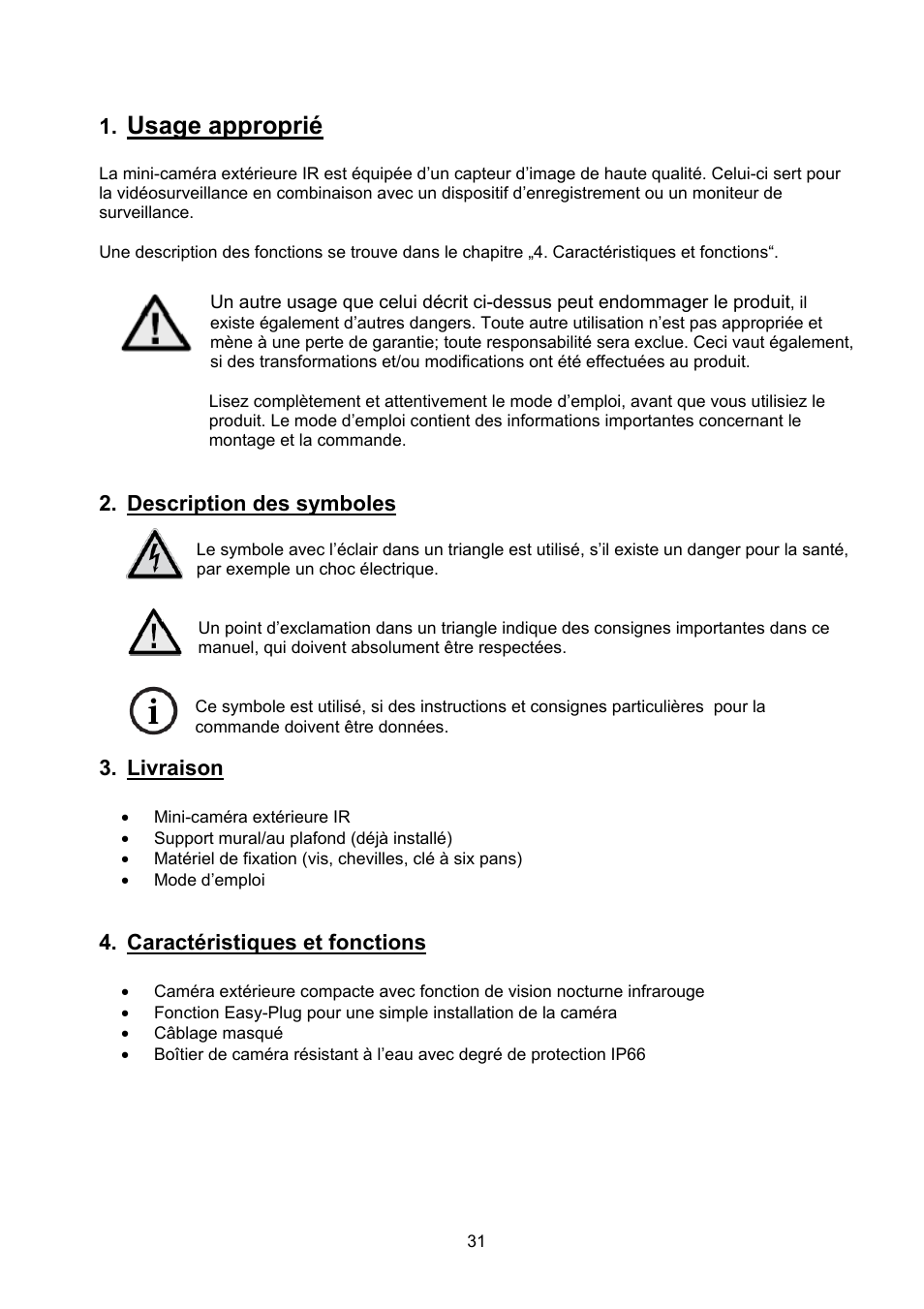 Usage approprié, Description des symboles, Livraison | Caractéristiques et fonctions | ABUS TVCC40000–TVCC40030 User Manual | Page 31 / 62
