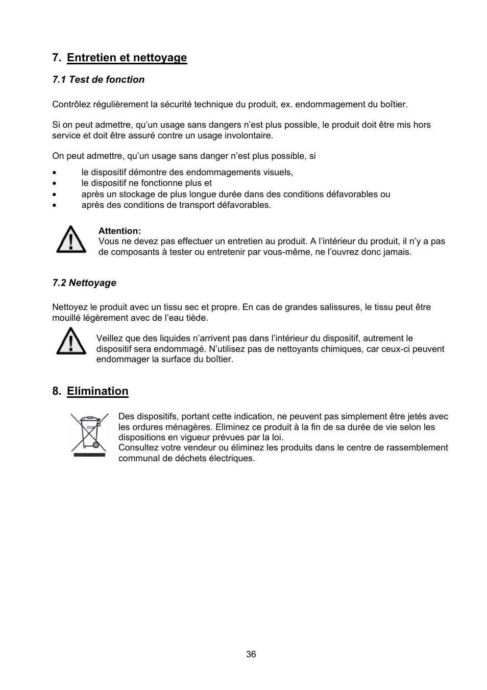 Entretien et nettoyage, Elimination | ABUS TVCC40000–TVCC40030 User Manual | Page 36 / 62