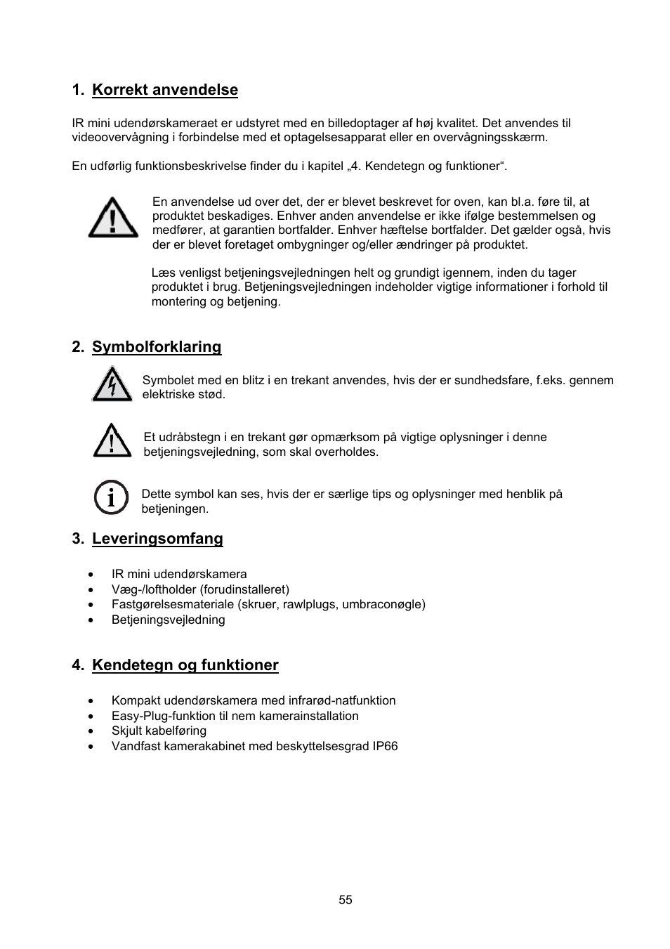 Korrekt anvendelse, Symbolforklaring, Leveringsomfang | Kendetegn og funktioner | ABUS TVCC40000–TVCC40030 User Manual | Page 55 / 62