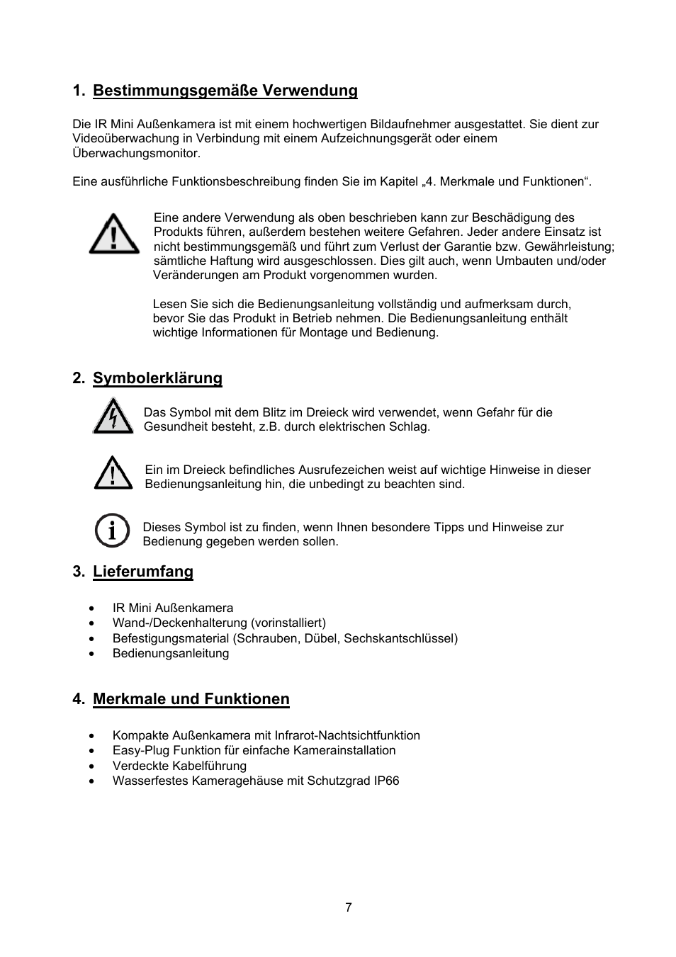 Bestimmungsgemäße verwendung, Symbolerklärung, Lieferumfang | Merkmale und funktionen | ABUS TVCC40000–TVCC40030 User Manual | Page 7 / 62