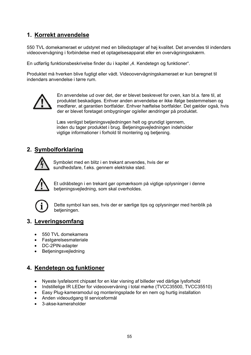 Korrekt anvendelse, Symbolforklaring, Leveringsomfang | Kendetegn og funktioner | ABUS TVCC35510 User Manual | Page 55 / 63