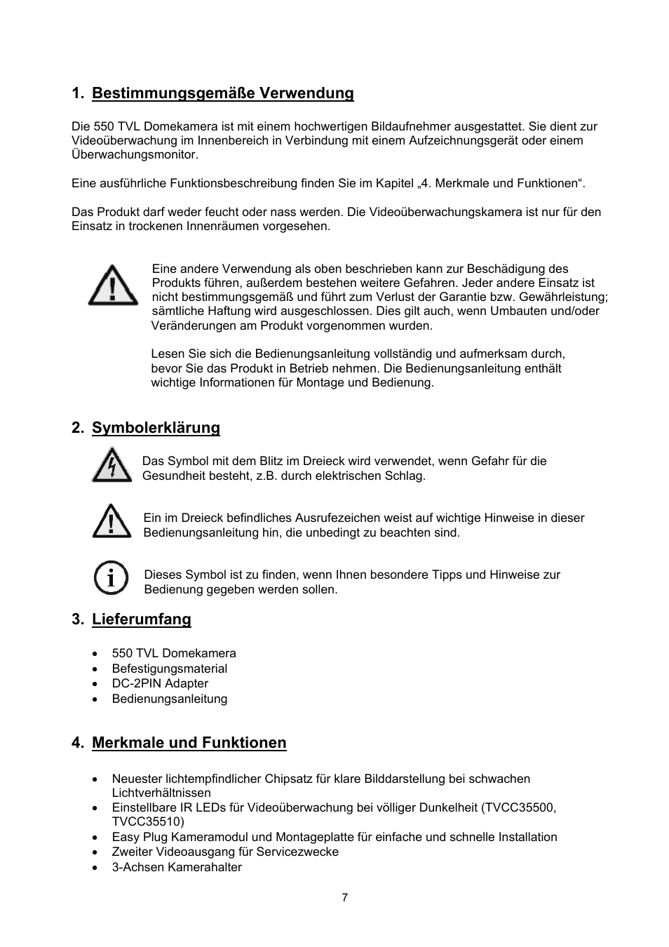 Bestimmungsgemäße verwendung, Symbolerklärung, Lieferumfang | Merkmale und funktionen | ABUS TVCC35510 User Manual | Page 7 / 63