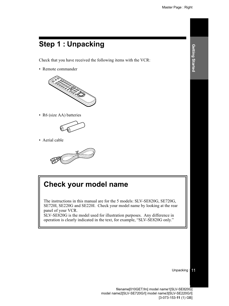 Step 1 : unpacking, Check your model name, 11 step 1 : unpacking | Sony SLV-SE220G User Manual | Page 11 / 76