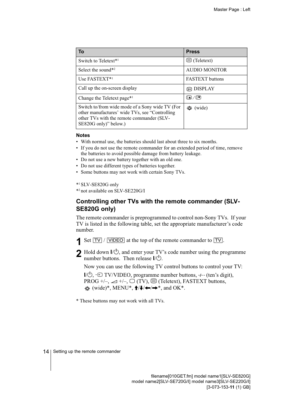 Sony SLV-SE220G User Manual | Page 14 / 76