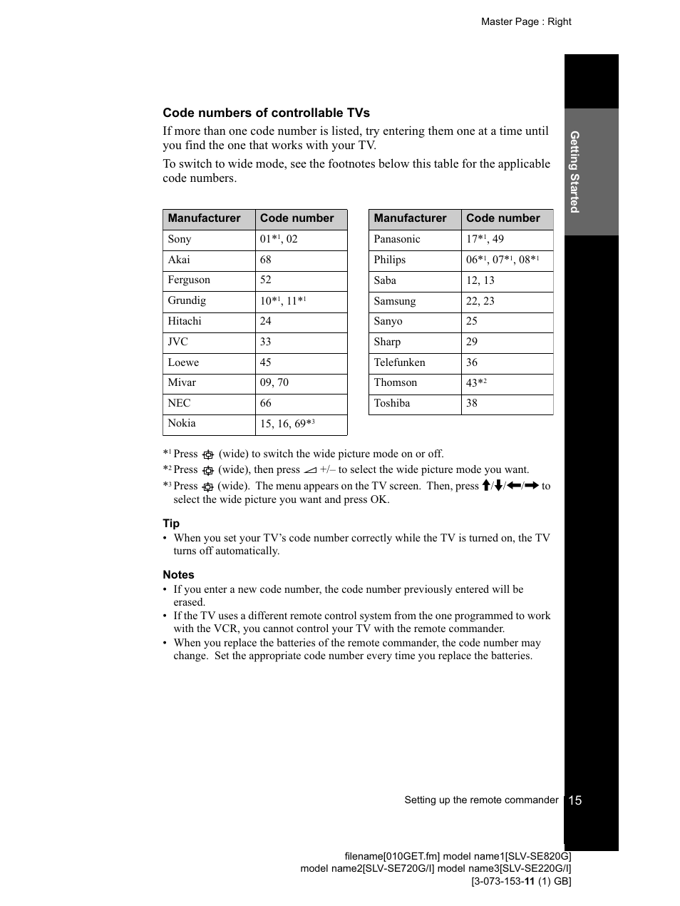 Code numbers of controllable tvs, Notes | Sony SLV-SE220G User Manual | Page 15 / 76