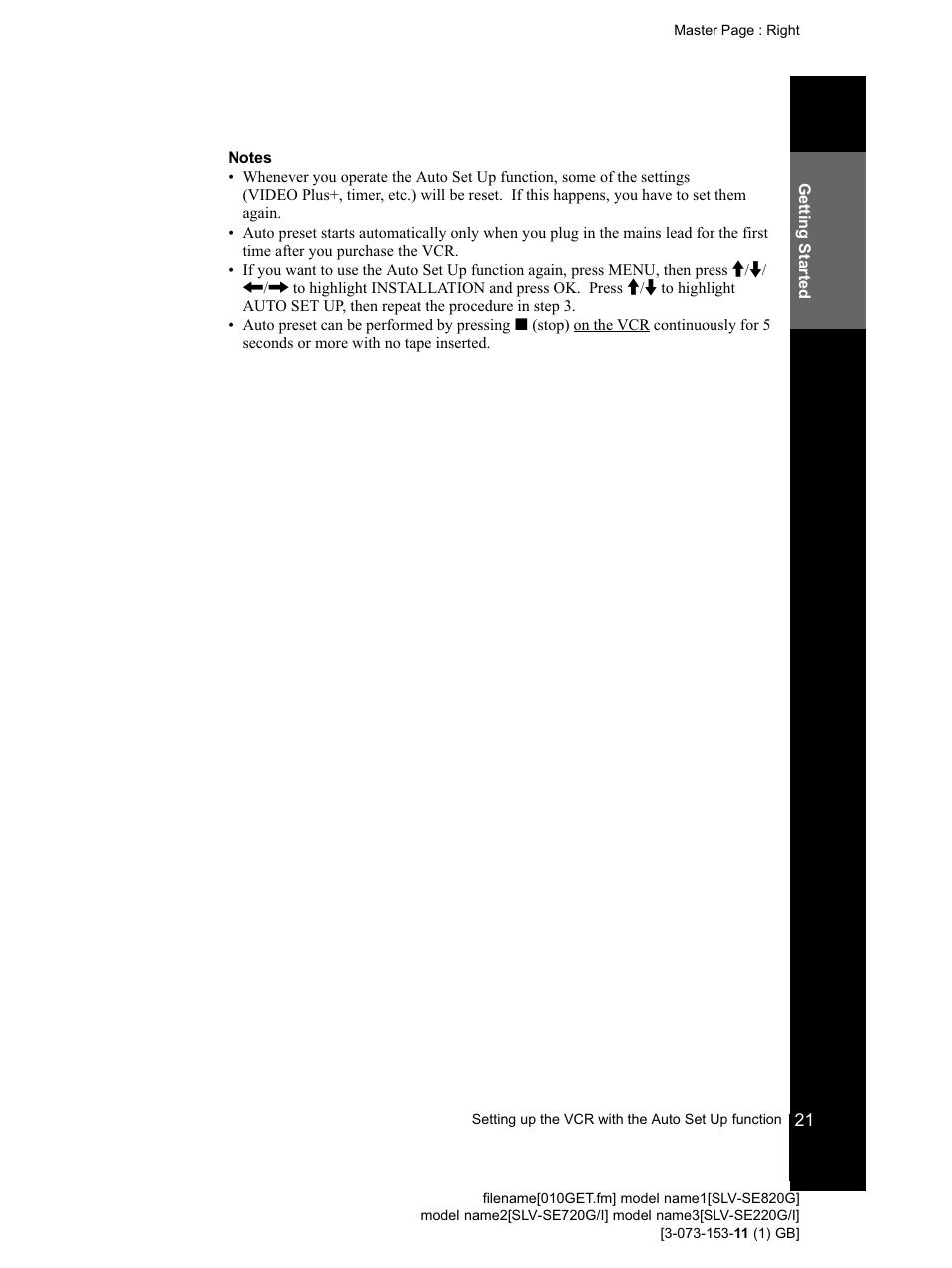 Notes, F ■ (stop) button* (21) | Sony SLV-SE220G User Manual | Page 21 / 76