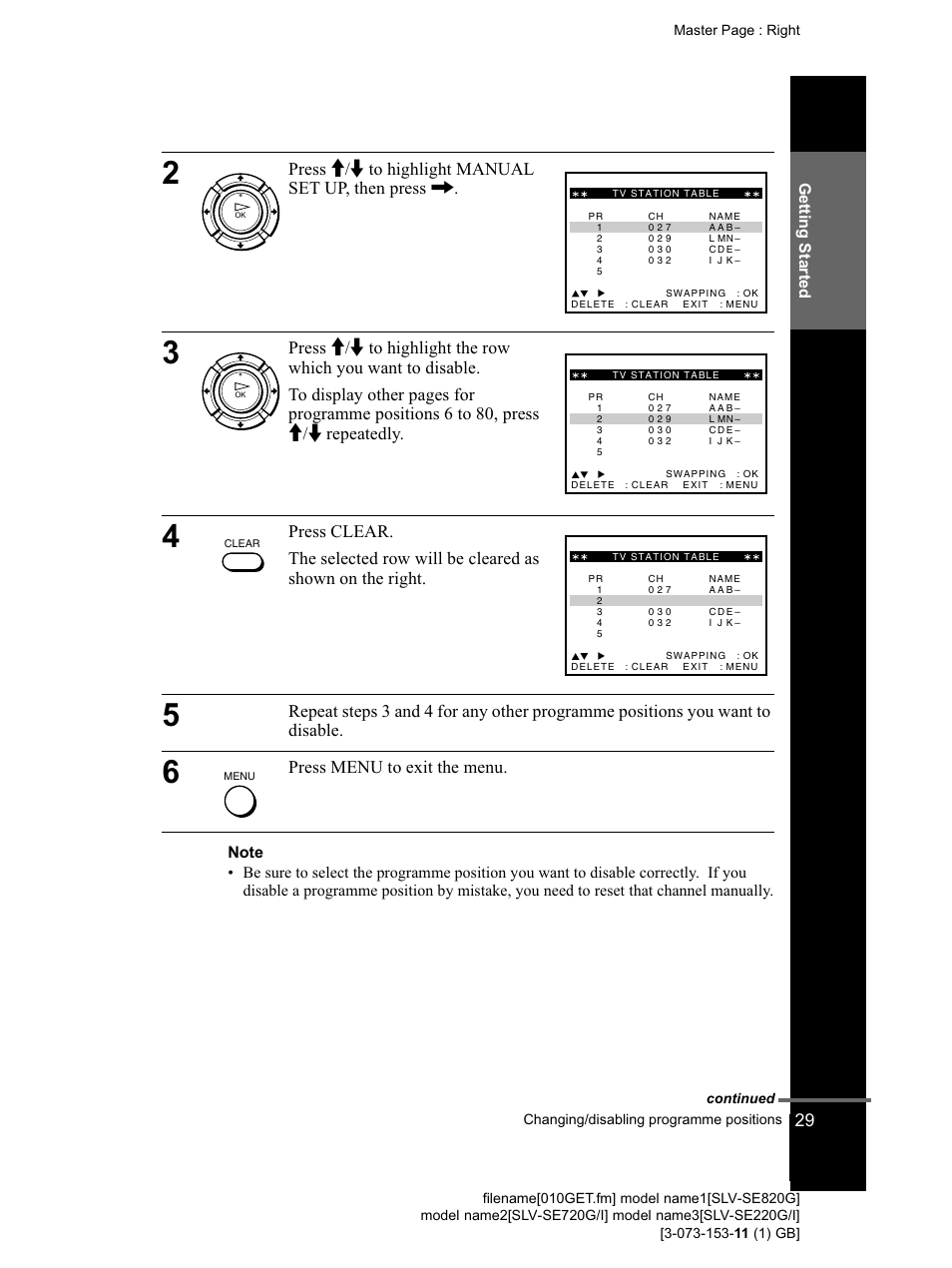 Note, Press m/ftohighlight manual set up, then press, Press clear | Sony SLV-SE220G User Manual | Page 29 / 76