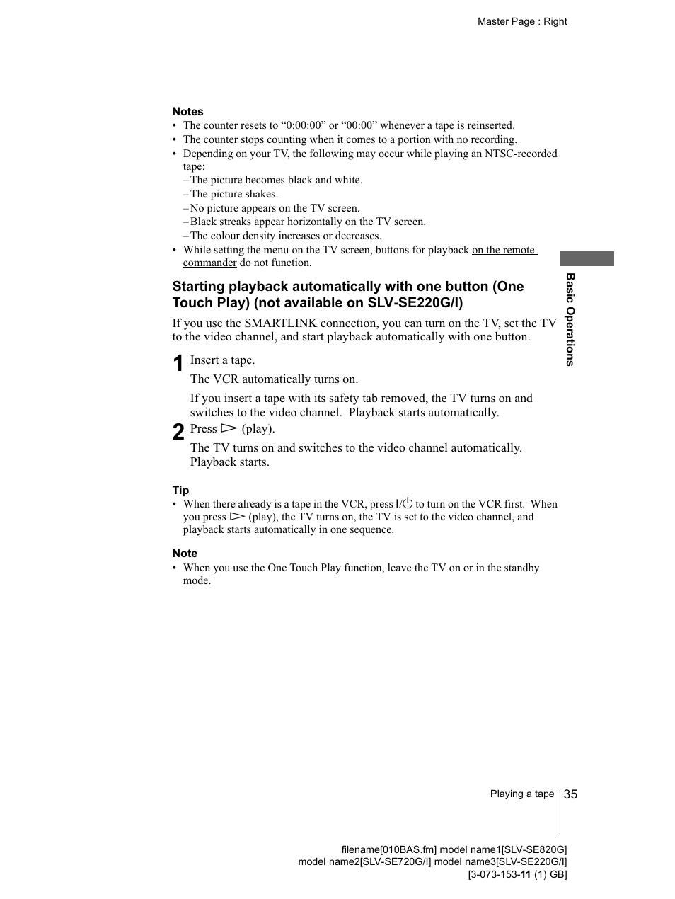 Notes, Note, See “starting playback automatically with | Sony SLV-SE220G User Manual | Page 35 / 76