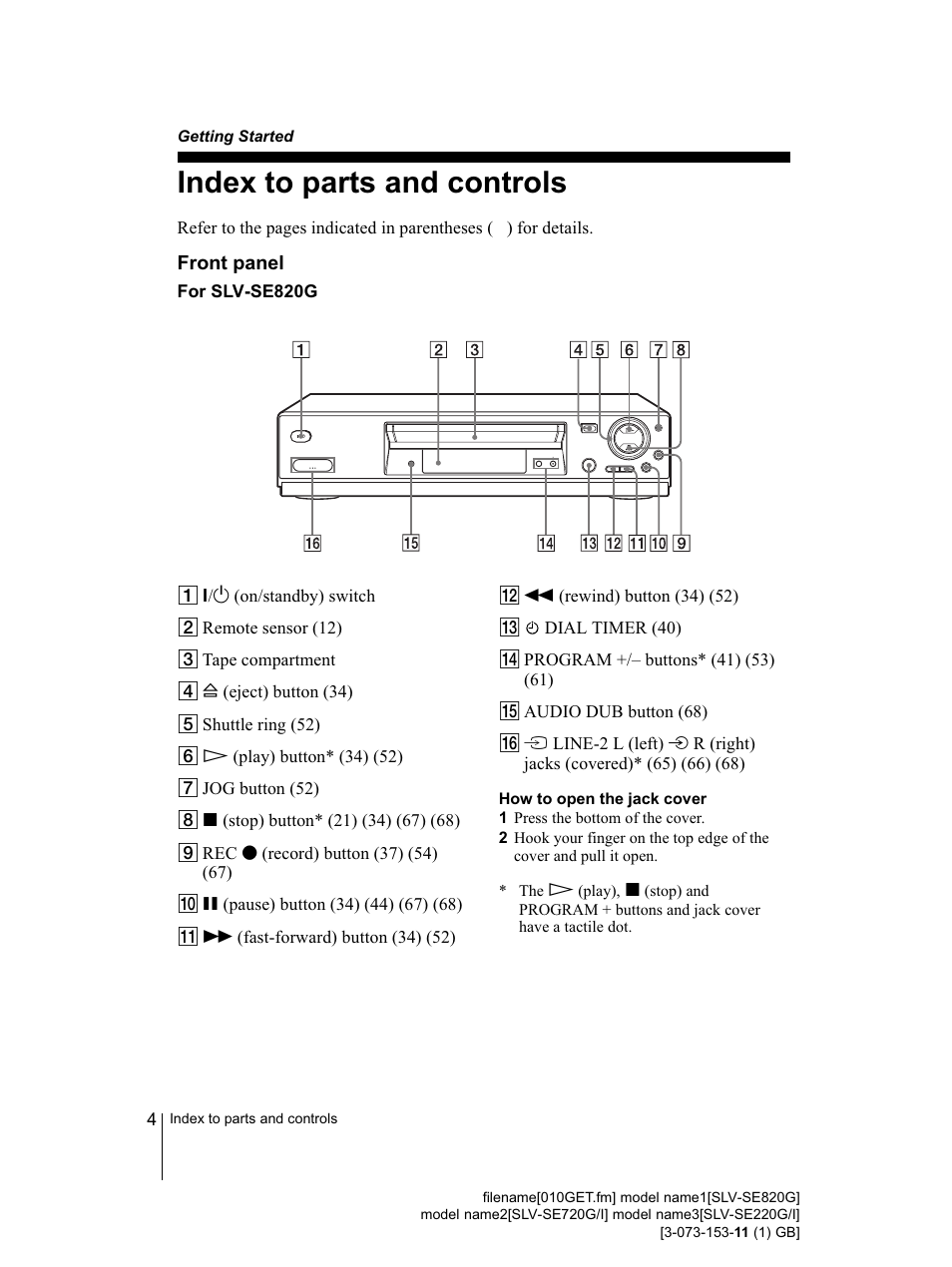 Index to parts and controls, Front panel for slv-se820g, How to open thejack cover | Getting started | Sony SLV-SE220G User Manual | Page 4 / 76