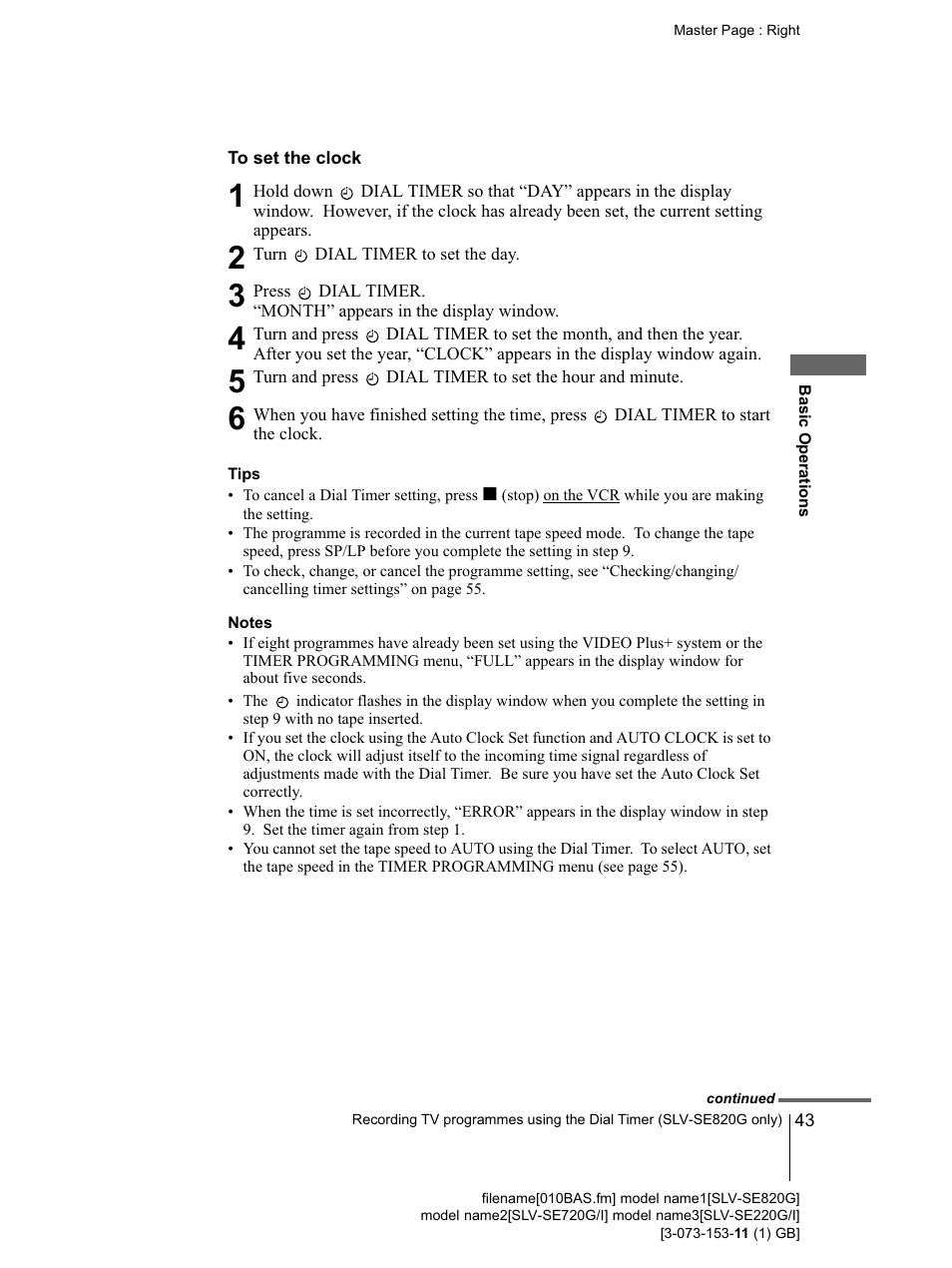 To set the clock, Tips, Notes | Sony SLV-SE220G User Manual | Page 43 / 76