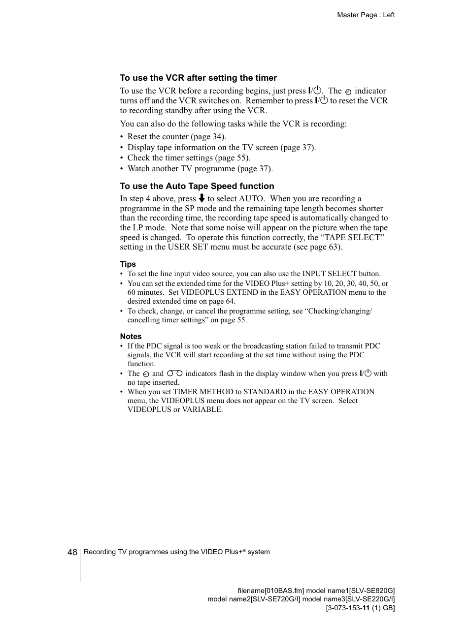 To use the auto tape speed function, Tips, Notes | Sony SLV-SE220G User Manual | Page 48 / 76