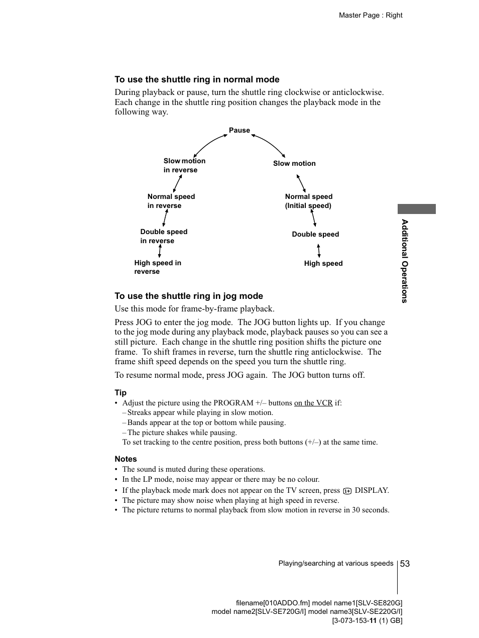 To use the shuttle ring in normal mode, To use the shuttle ring in jog mode, Notes | K program +/- buttons* (53) (61) | Sony SLV-SE220G User Manual | Page 53 / 76