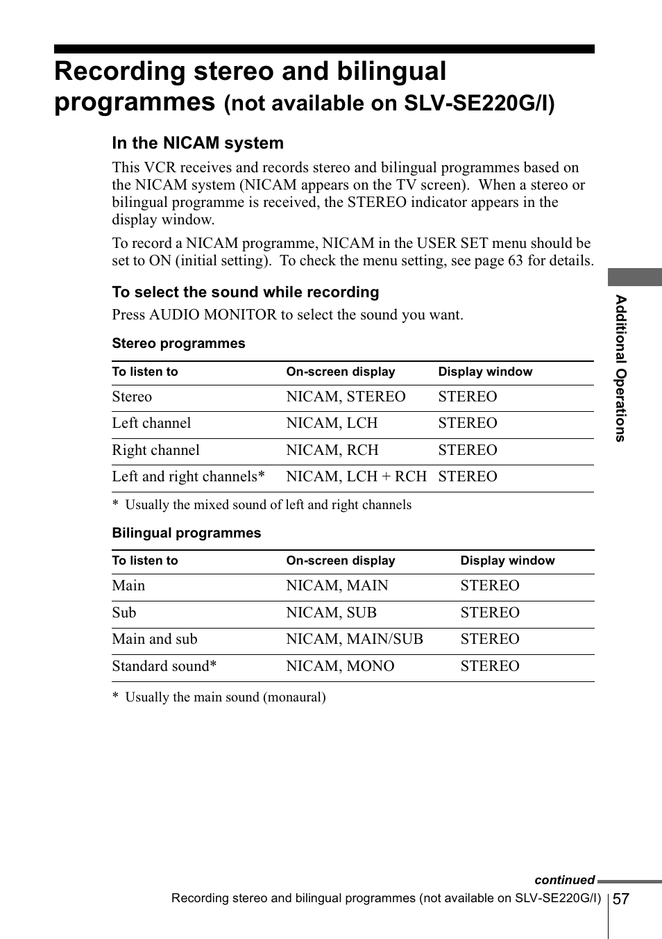 In the nicam system, To select the sound while recording, R (57) | Recording stereo and bilingual programmes, Not available on slv-se220g/i) | Sony SLV-SE220G User Manual | Page 57 / 76