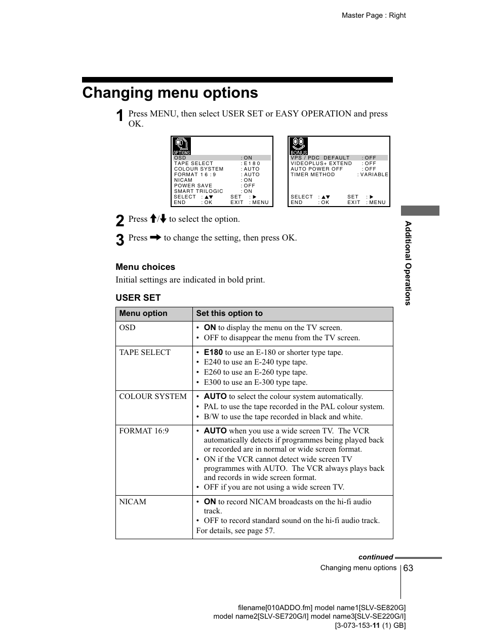 Changing menu options, Menu choices, Userset | 3w o ■o (d o 3 (/) | Sony SLV-SE220G User Manual | Page 63 / 76
