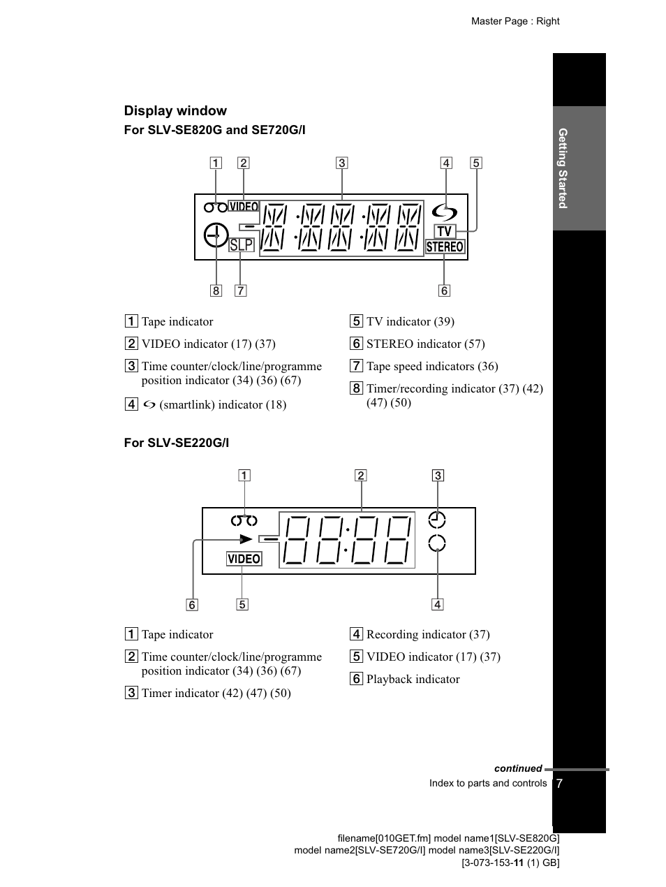 Display window, For slv-se820g and se720g/i, For slv-se220g/i | Sony SLV-SE220G User Manual | Page 7 / 76