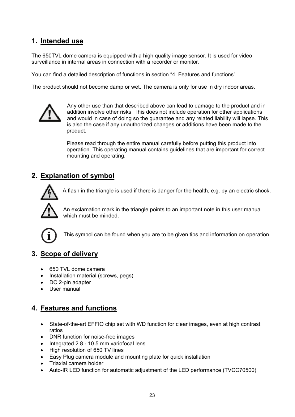 Intended use, Explanation of symbol, Scope of delivery | Features and functions | ABUS TVCC70500 User Manual | Page 23 / 83