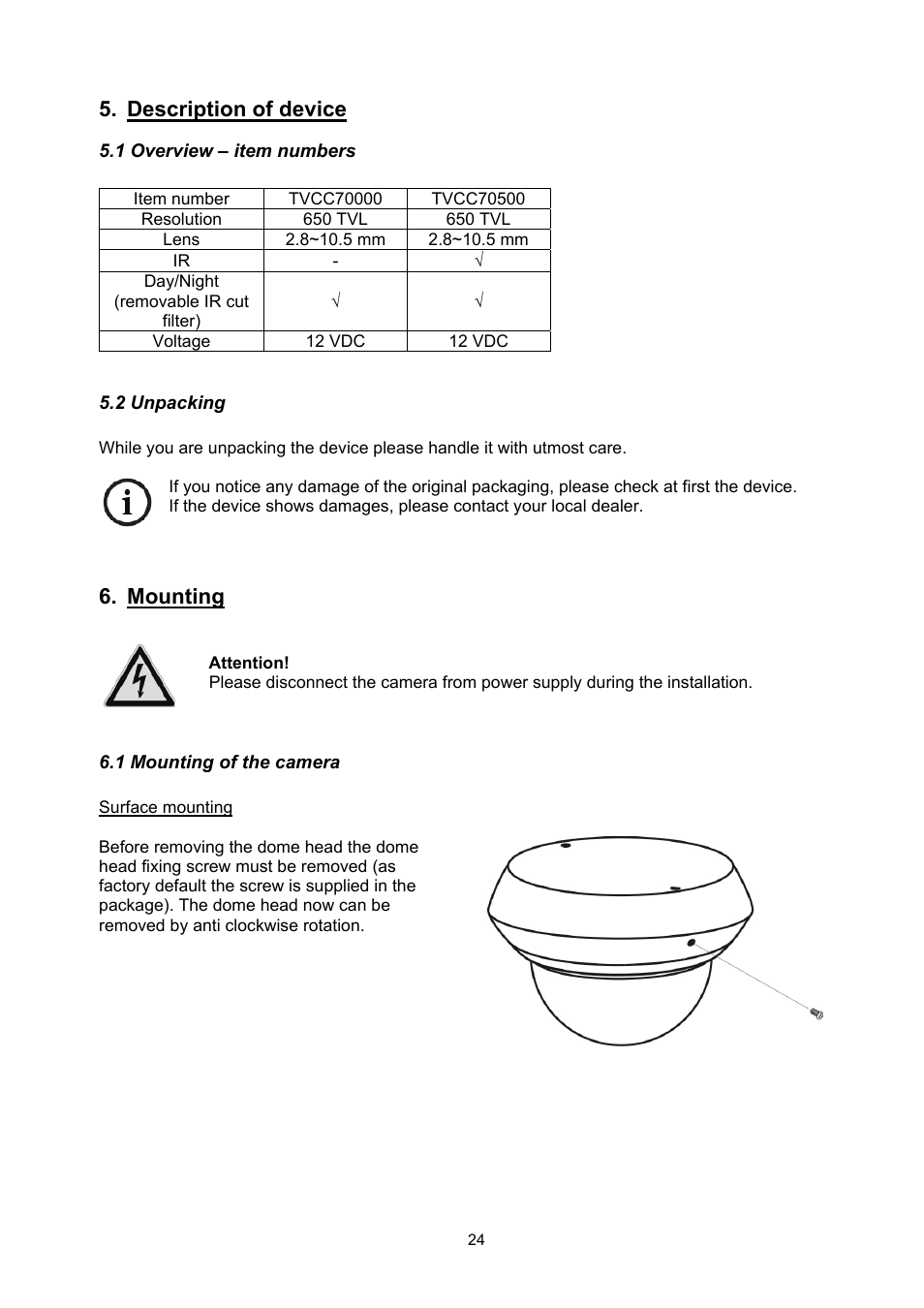 Description of device, Mounting | ABUS TVCC70500 User Manual | Page 24 / 83
