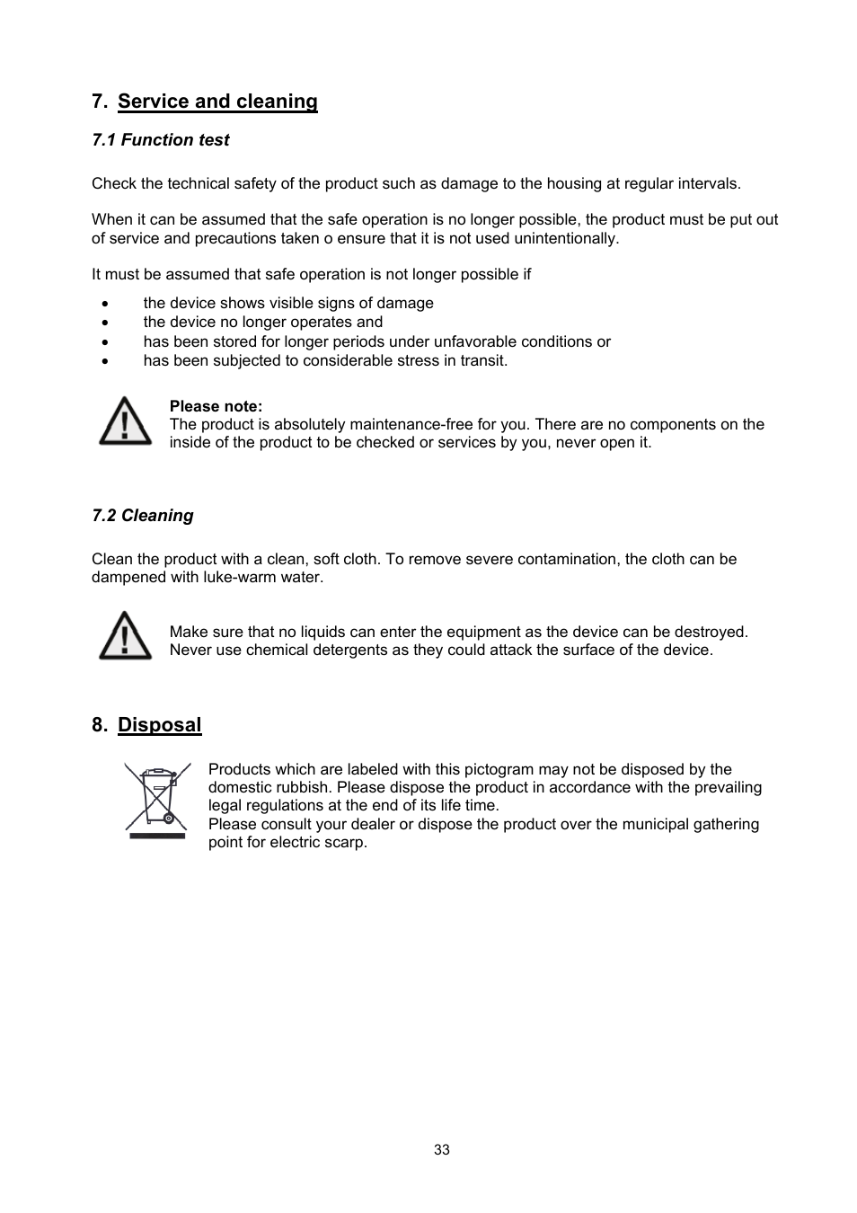 Service and cleaning, Disposal | ABUS TVCC70500 User Manual | Page 33 / 83