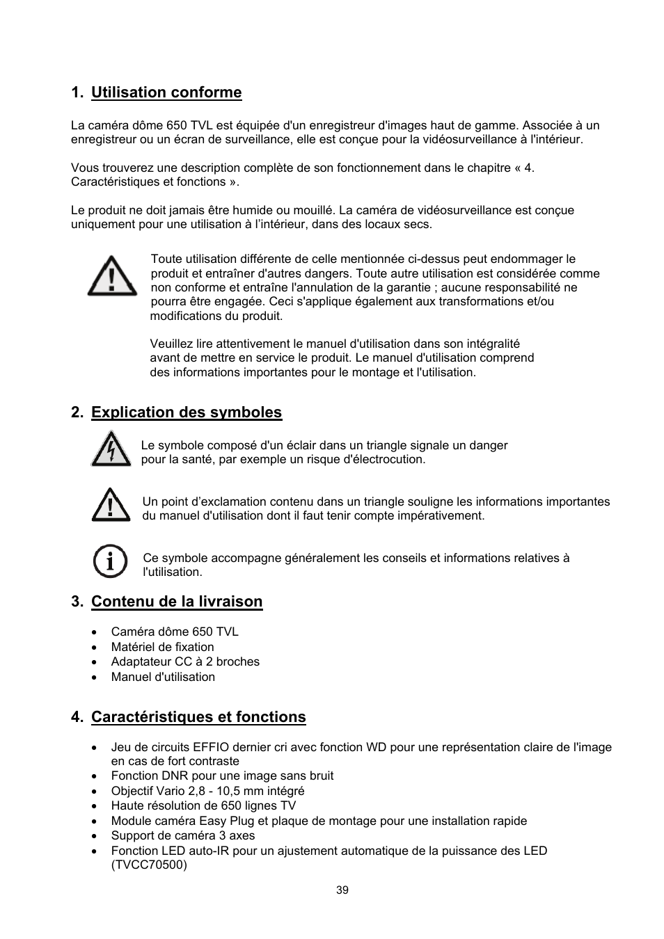 Utilisation conforme, Explication des symboles, Contenu de la livraison | Caractéristiques et fonctions | ABUS TVCC70500 User Manual | Page 39 / 83