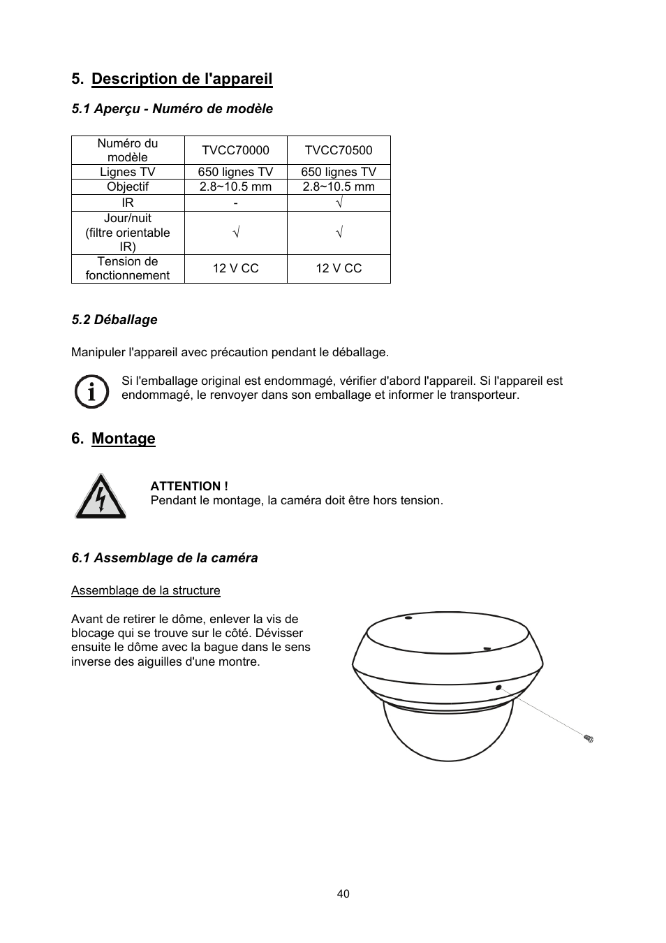 Description de l'appareil, Montage | ABUS TVCC70500 User Manual | Page 40 / 83